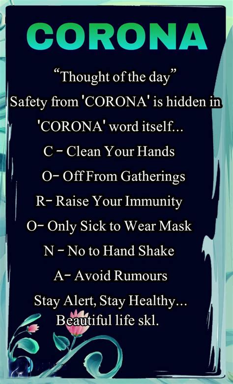 In the united states, holliesquotes.com is ranked 206,205, with an estimated 10,189 monthly visitors a month. "Thought of the day" Safety from 'CORONA' is hidden in 'CORONA' word itself... C - Clean Your ...