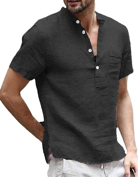 Enjoybuy Mens Linen Henley Shirts Short Sleeve Casual Summer T Shirt