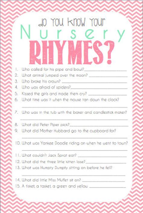 Nursery Rhyme Quiz Baby Shower Game Printable Ready To Go Etsy
