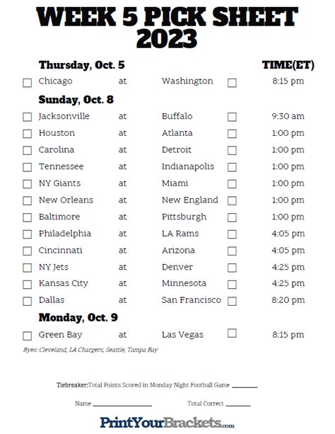 Printable NFL Week 5 Schedule Pick Em Pool 2018