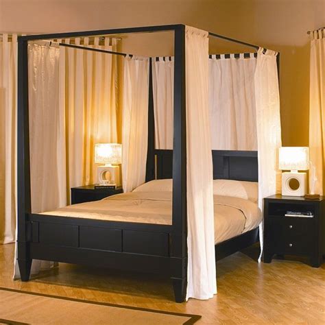 King Size Modern Four Posts Canopy Bed In Dark Brown Wood Finish