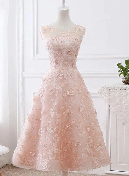 Charming Tea Length Light Pink Lace Wedding Party Dress Pink Party Dr