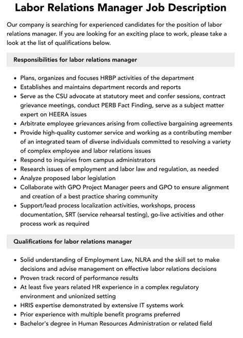 Labor Relations Manager Job Description Velvet Jobs