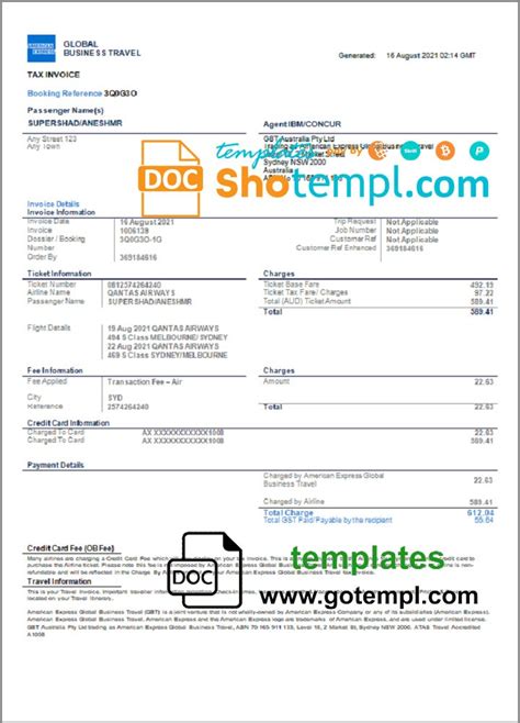 Usa American Express Invoice Template In Word And Pdf Format Fully