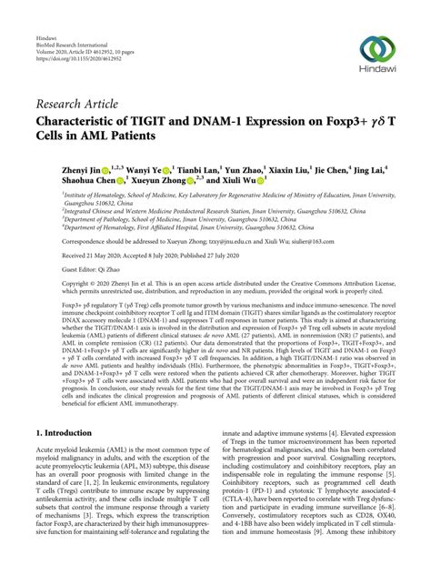 PDF Characteristic of TIGIT and DNAM Expression on Foxp γδ T