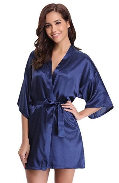 rb032 2018 new silk kimono robe bathrobe women silk bridesmaid robes sexy navy blue robes satin