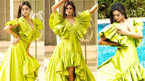 Shweta Tiwari Looks Hot In Long Green Ruffle Dress With Plunging Neckline And It Is Not For A Miss