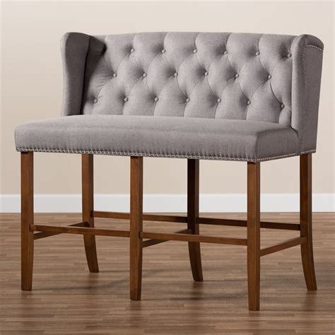 Baxton Studio Alira Grey Upholstered Walnut Finished Bar Stool Bench