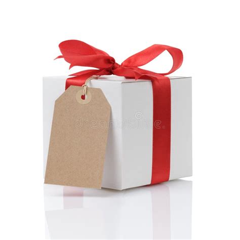 White T Box With Red Ribbon Bow And Paper Tag Stock Photo Image Of