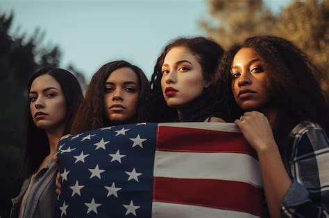 Premium Ai Image Group Of Young Multiethnic Women Holding American Flag