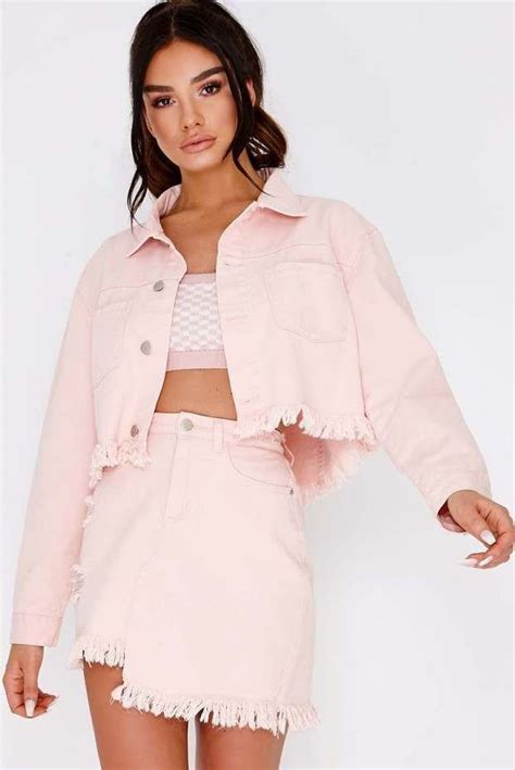 Pink Frayed Hem Cropped Denim Co Ord Jacket Denim Inspiration
