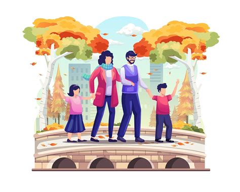Familia Dando Un Paseo Por El Puente Del Parque En Otoño Ilustración