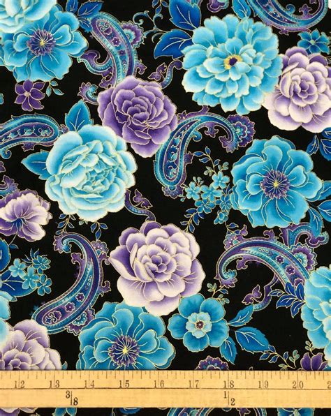 Blue Floral Paisley Cotton Fabric With Gold Highlights Hi Etsy