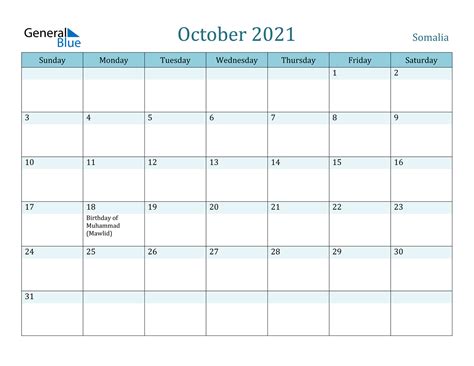 October 2021 Calendar Somalia
