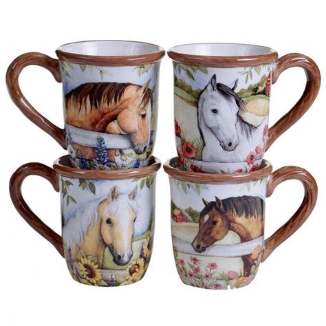 Horse Lovers Coffee Mugs Set 4 Ceramic 18 Ounce Heavy Duty Micro