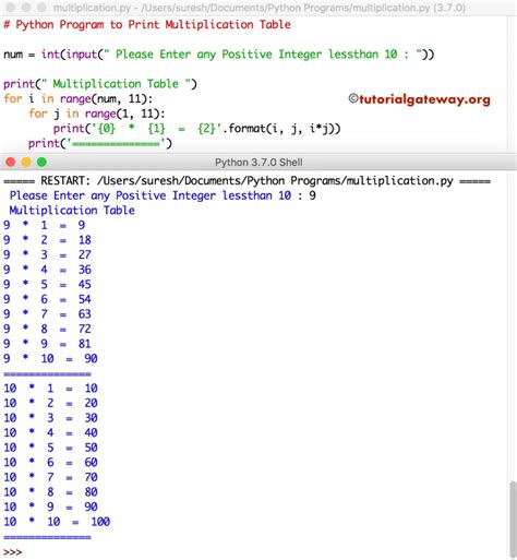 Python Program To Print Multiplication Table