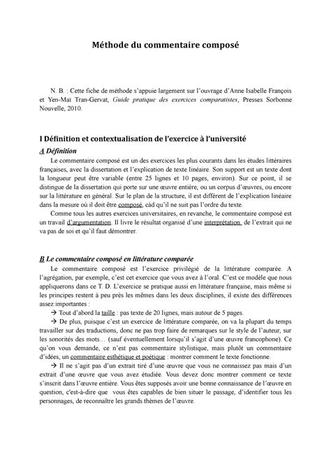 Méthode Commentaire composé  Méthode du commentaire composé N. B