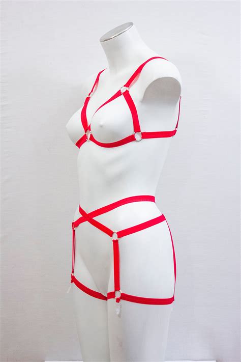 Sexy Red Lingerie Body Harness Set Cage Bralette Red Garter Belt Pin Up Lingerie Burlesque