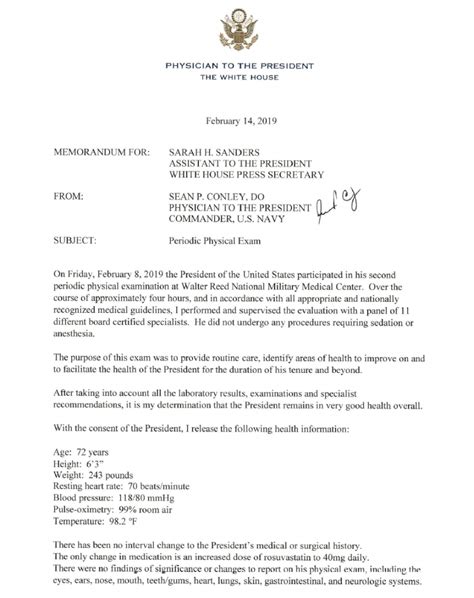 Most likely, the president will not read the letter, but someone on his staff will, and will either pass it on to him if they think it is something he should see, or they will try to here is a sample letter format to use: Memorandum from the Physician to the President | The White ...