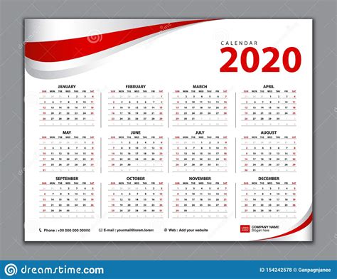 Calendar 2020 Simple Calendar Desk Week Starts From Sunday Set Of