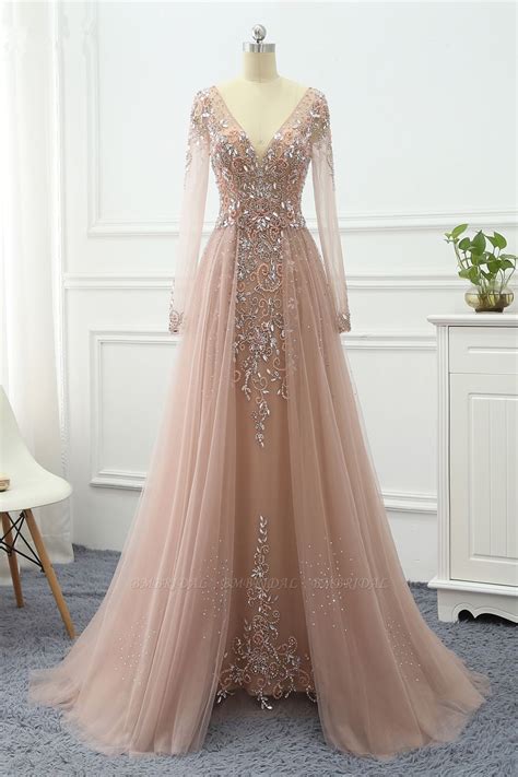 bmbridal elegant v neck long sleeves appliques beadings prom dresses with overskirt long