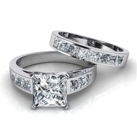 Princess Cut Diamond Wedding Set Channel Set Band White Gold 29