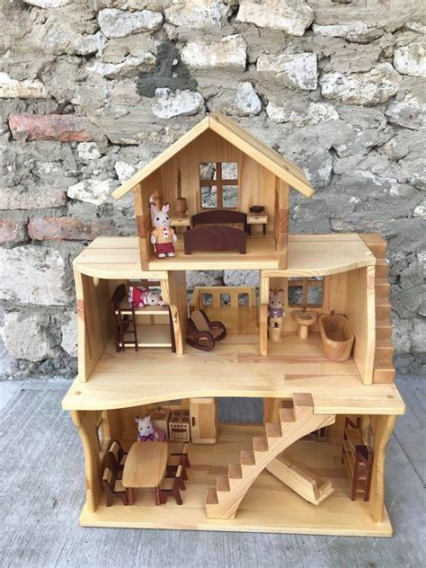 Wooden Dollhouse Stackable Large Dollhouse With Furniture Three Story