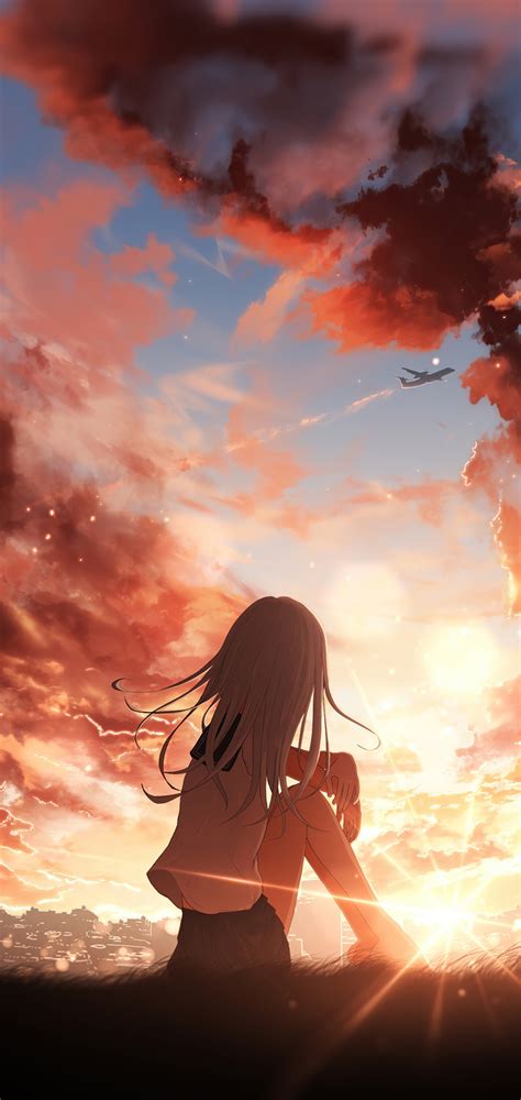 1080x2280 Anime Girl Watching Sunset 4k One Plus 6huawei P20honor