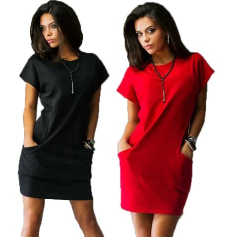 2016 Summer Women Dresses Sexy O Neck Black And Red Dress Casual Batwing Short Sleeve Pockets