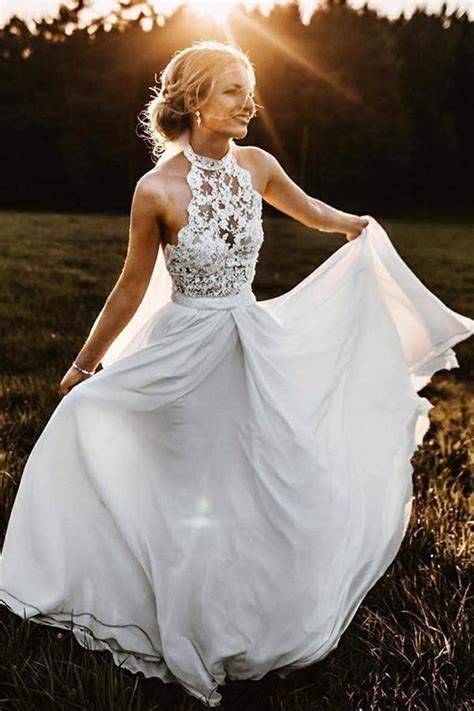 Cheap Charming Lace White Halter Wedding Dresses Chiffon Beach Bridal