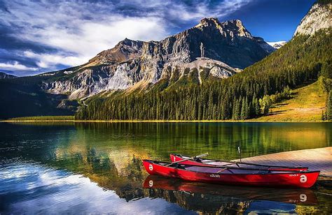 Landscape Nature Lake Mountain Forest Canoes Water Reflection Sunlight