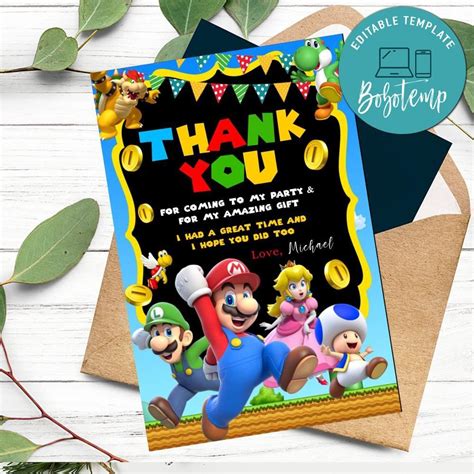 Super Mario Thank You Card Customizable Template Diy Bobotemp