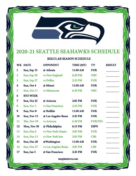 • view the full printable schedule (pdf) • packers.com/schedule. Printable 2020-2021 Seattle Seahawks Schedule