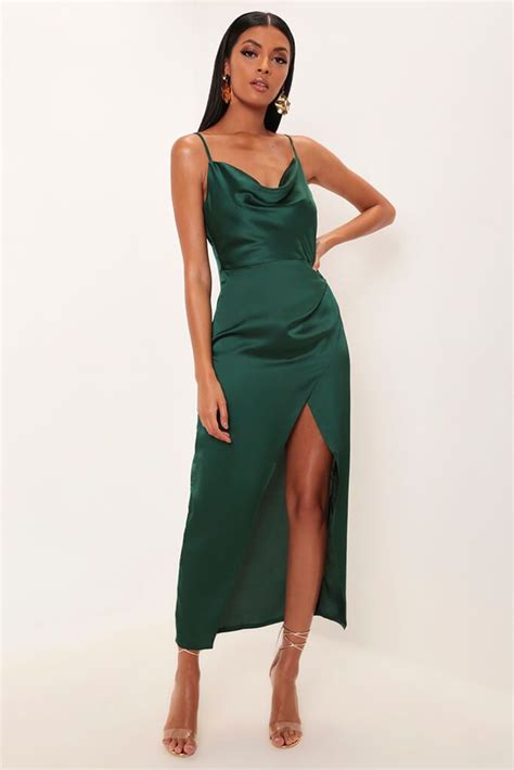Emerald Green Satin Cowl Neck Maxi Dress Атласные платья Платья