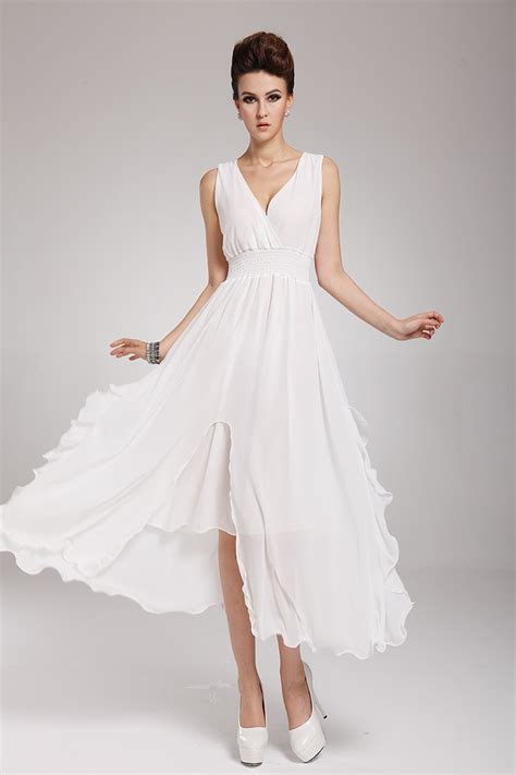 Fresh Style V Neck Asymmetrical Hem White Chiffon Maxi Dress