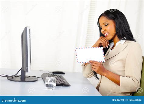 Businesswoman Looking To A Letter Stock Image Image Of Cheerful