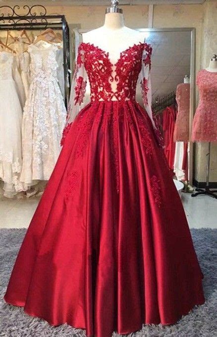 Lace Appliques Off The Shoulder Puffy Red Long Sleeves Prom Dresseshigh Red Long Sleeve Prom