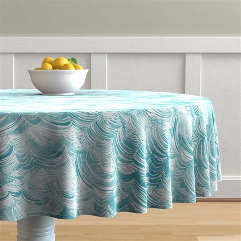 Round Tablecloth Ocean Waves Nautical Aqua White Sea Cotton Sateen