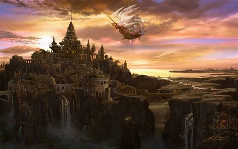 Fantasy Citta' Fantasy Cascate Cielo Nave Sfondo | Fantasy city, Fantasy art landscapes, Fantasy 