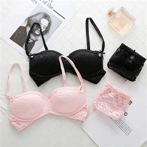 Sexy Lace Half Cup Bra Sets For Women Wireless Padded Embroidery Bowknot Push Up Underwear Solid