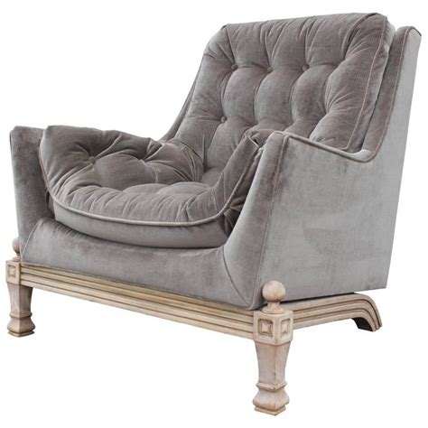 Modern Bleached Tufted Grey Velvet Lounge Chair with Ottoman at 1stdibs