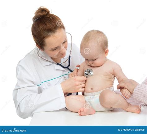 Doctor Or Nurse Auscultating Child Baby Patient Heart With Stethoscope