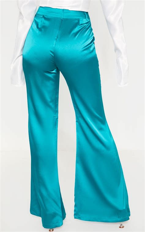 Teal Satin Flared Pant Pants Prettylittlething Usa