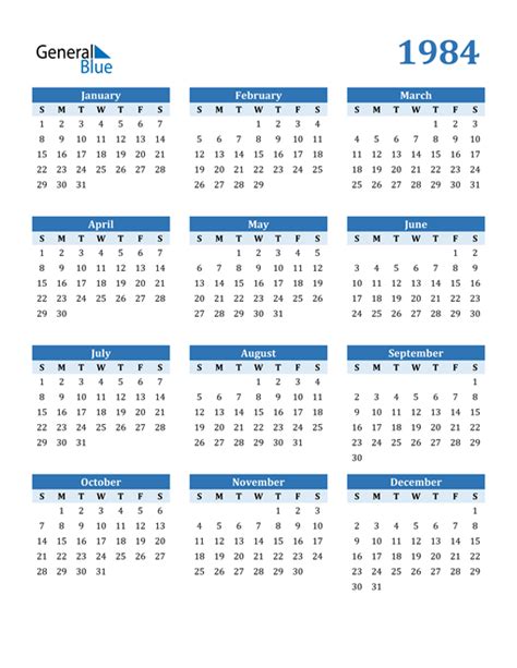 1984 Year Calendar Printable Calendar