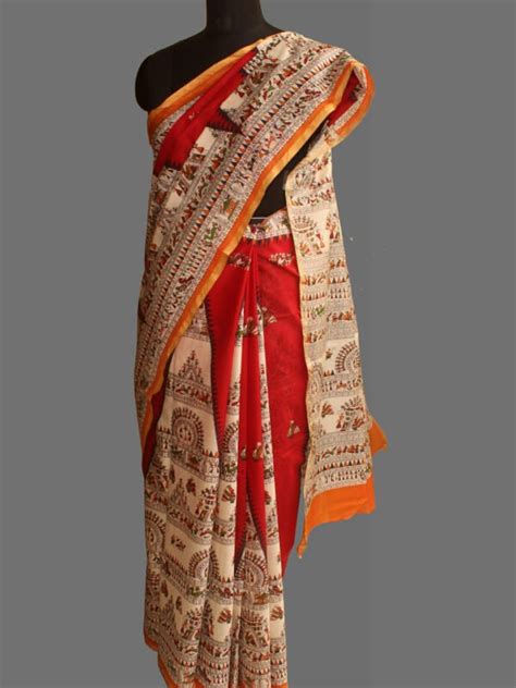 Warli Art On Red Bhagalpuri Semi Silk Sari Shilphaat