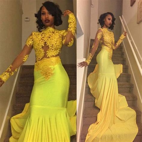 Sexy Yellow Mermaid Prom Dresses Sheer Lace Long Sleeves Evening Gowns
