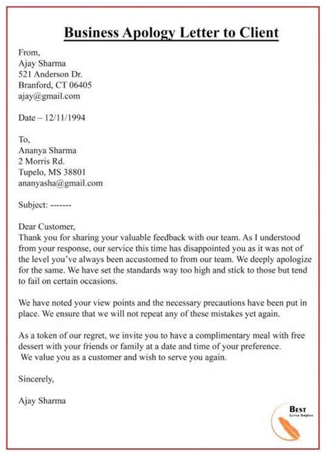 Apology Letter Template To Client Sample And Example