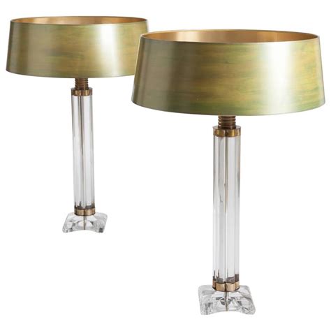Pair Of Mid Century Clear Murano Glass Table Lamps With Hand Painted Shades For Sale At 1stdibs
