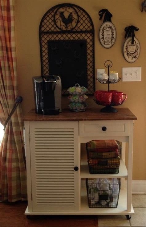A coffee station puts all of your coffee making supplies in one convenient area. Kitchen Cart Re-do and Coffee Station | Coffee station ...