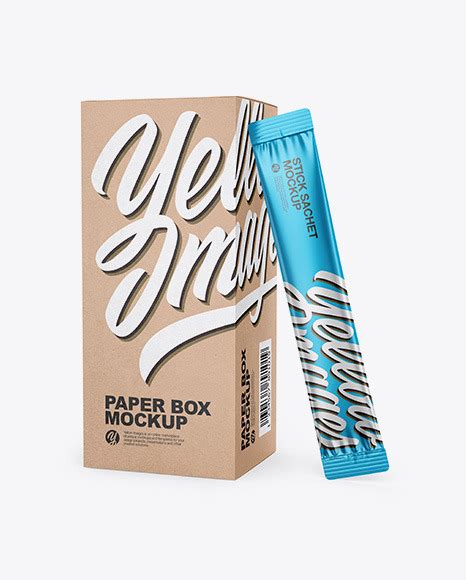 Download Kraft Box W/ Glossy Metallic Sachet Mockup in Box Mockups on Yellow Images Object Mockups